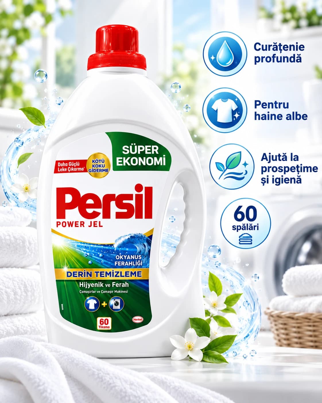 Creativă cu patru insigne albastre pe dreapta — „Curățenie profundă”, „Pentru haine albe”, „Ajută la prospețime și igienă” și „60 spălări”. Flaconul alb Persil Power Gel Ocean, cu capac roșu și etichetă verde cu un val albastru, stă pe un blat alb, între prosoape albe pufoase, flori albe și frunze verzi, cu un vârtej de apă în jur; în fundal, o mașină de spălat și un coș de rufe.