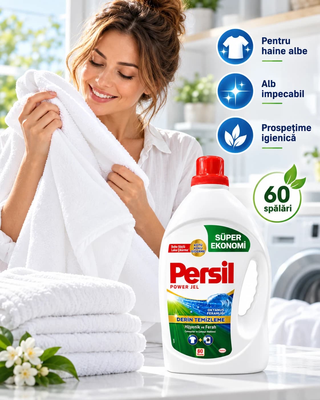 Creativă cu trei insigne albastre pe dreapta — „Pentru haine albe”, „Alb impecabil” și „Prospețime igienică” — și o insignă verde, „60 spălări”. O femeie într-o cămașă albă miroase un prosop alb pufos, lângă un teanc de prosoape albe și câteva flori albe. Pe blatul alb, flaconul alb Persil Power Gel Ocean, cu capac roșu și etichetă verde cu un val albastru; în fundal, o mașină de spălat.